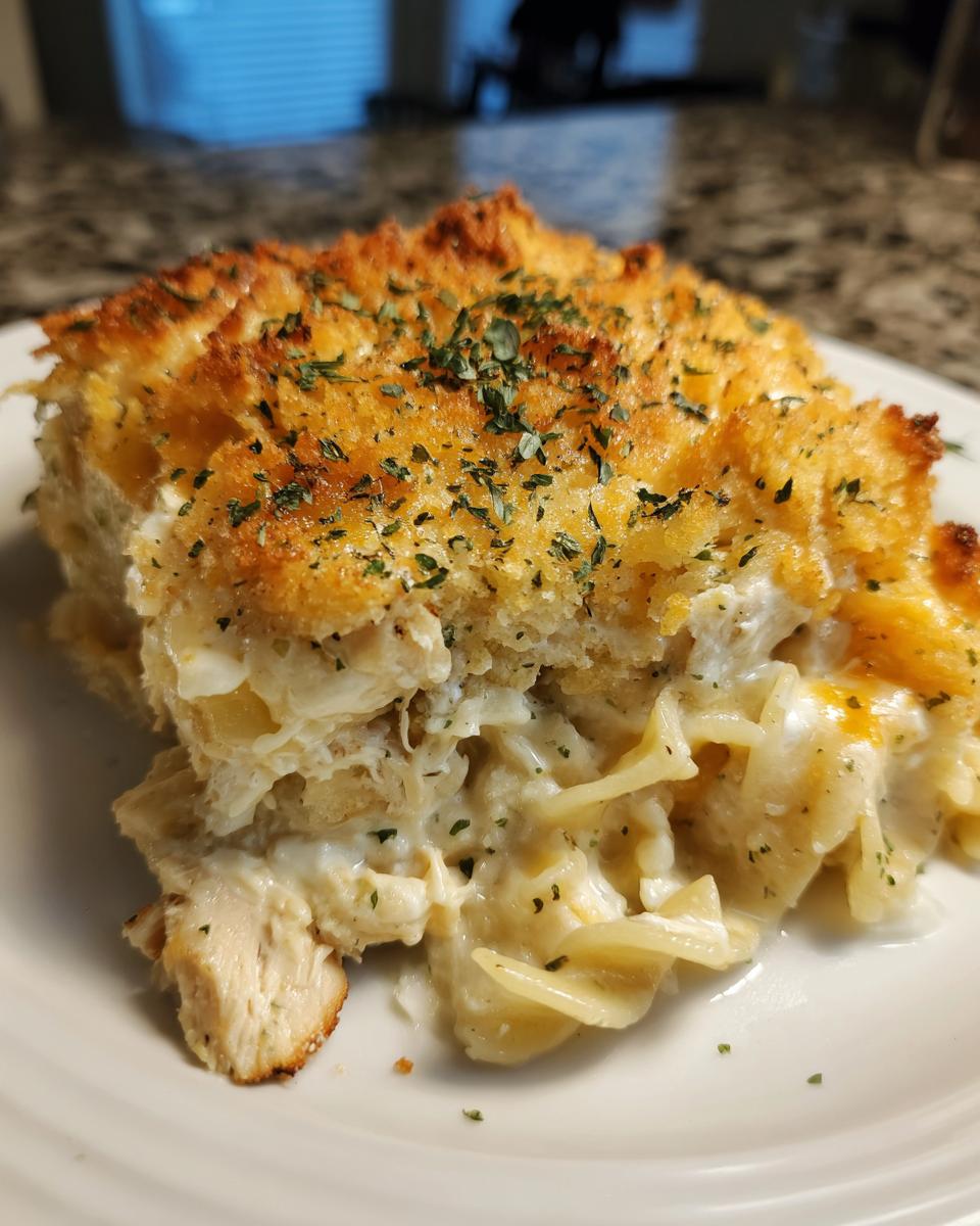 Close-up of a serving of creamy chicken noodle casserole with visible chunks of chicken and a golden, herbed breadcrumb topping.
