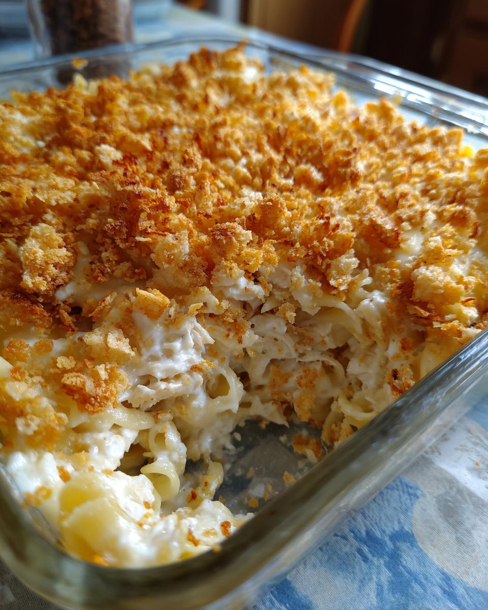 Close-up of creamy chicken noodle casserole in a glass dish, featuring a golden, crunchy breadcrumb topping.