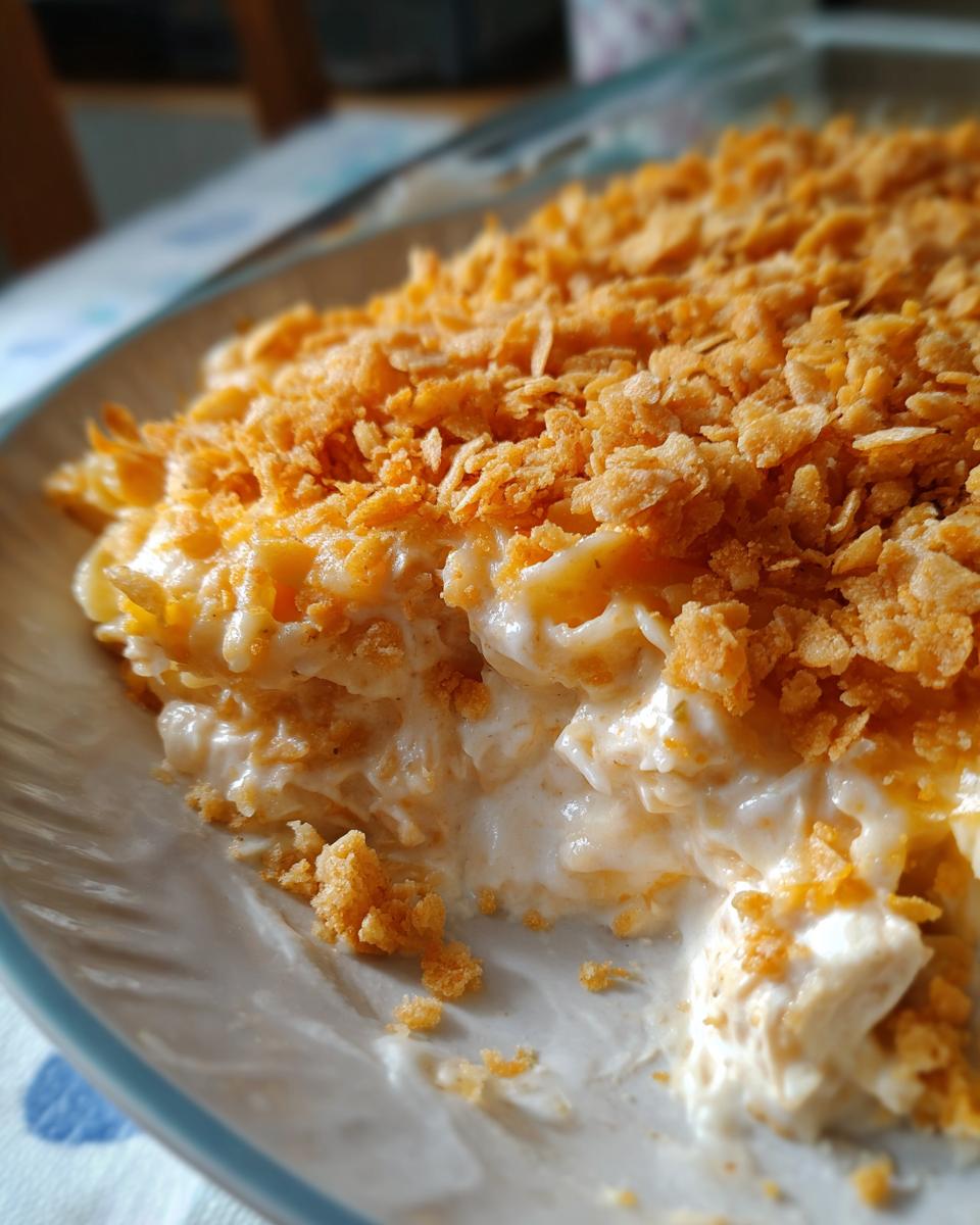 Close-up of creamy chicken noodle casserole with a thick, crunchy, golden topping.