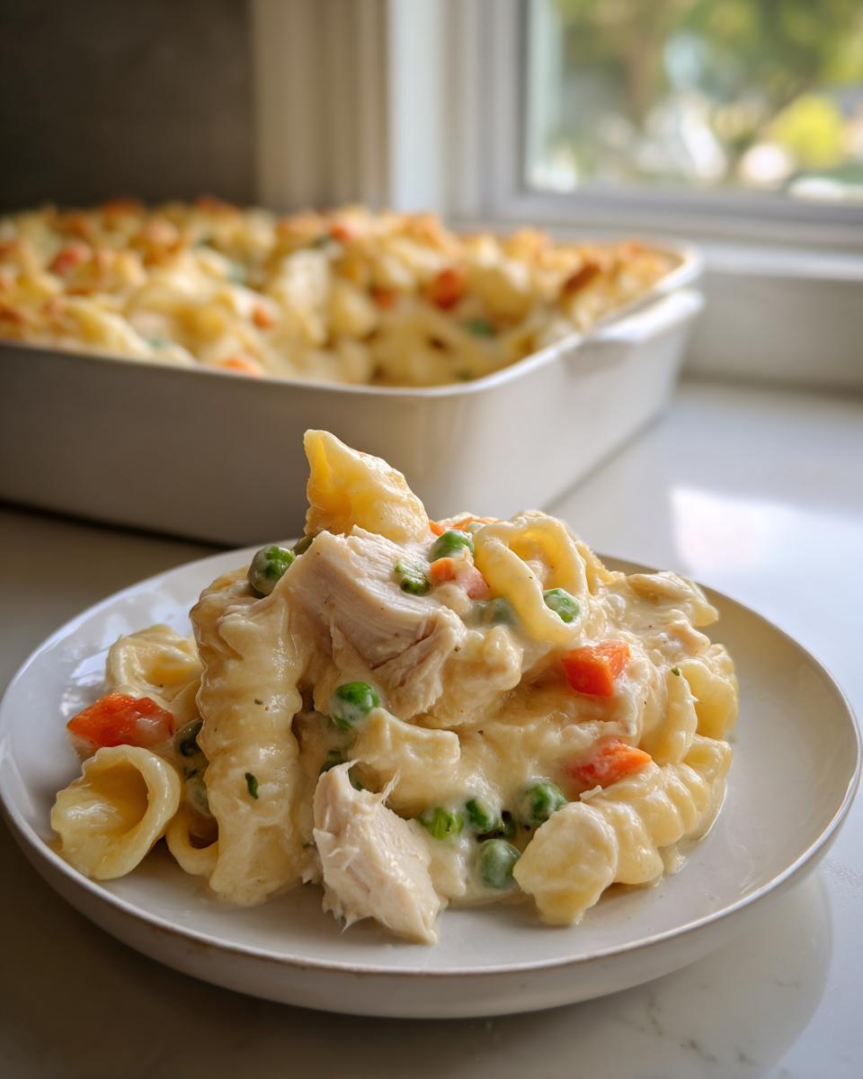 A close-up serving of creamy chicken pot pie pasta with chunks of chicken, peas, and carrots on a white plate.