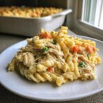 Close-up of a creamy serving of chicken pot pie pasta with shredded chicken, peas, and carrots on a white plate.