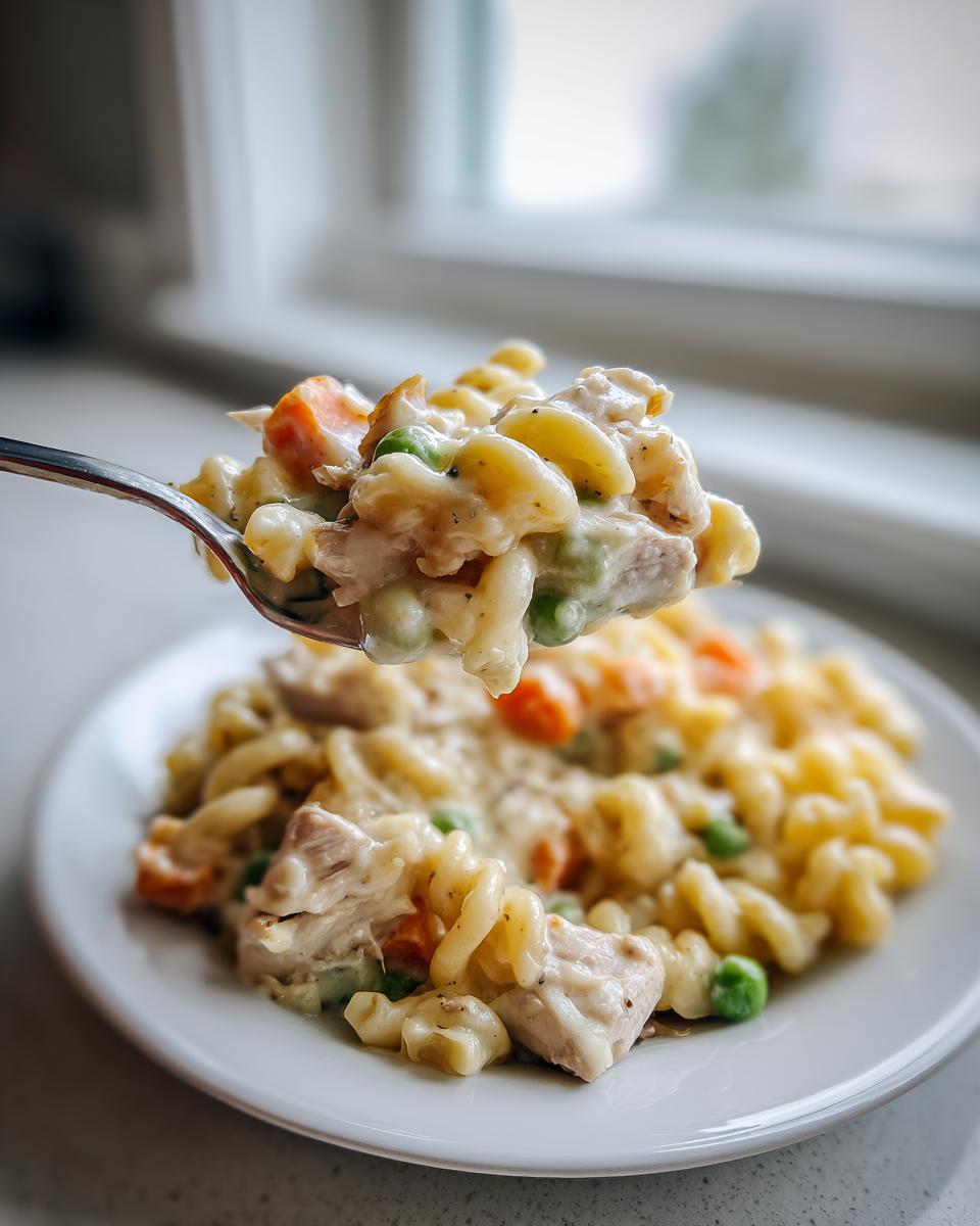 A spoonful of creamy chicken pot pie pasta, showing chunks of chicken, peas, and carrots, lifted above a plate of the dish.