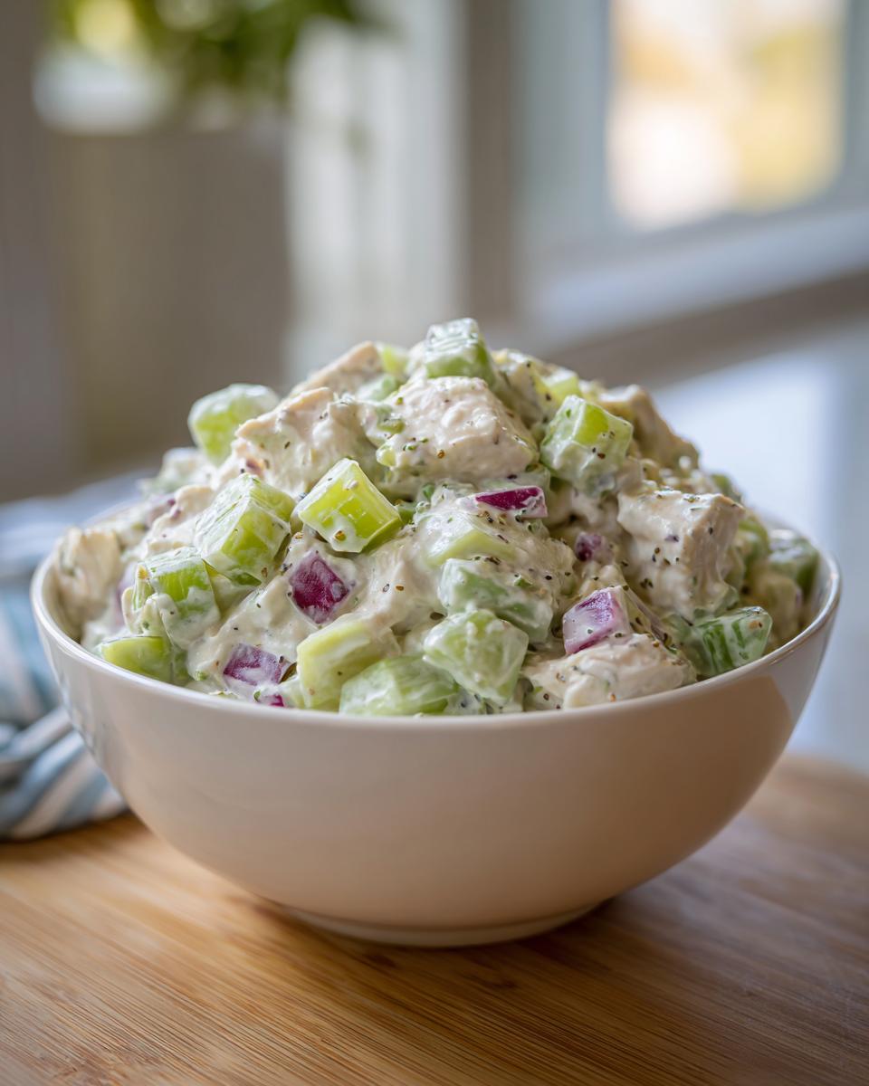 A white bowl filled with creamy chicken salad featuring chunks of chicken, celery, and red onion, seasoned with pepper.
