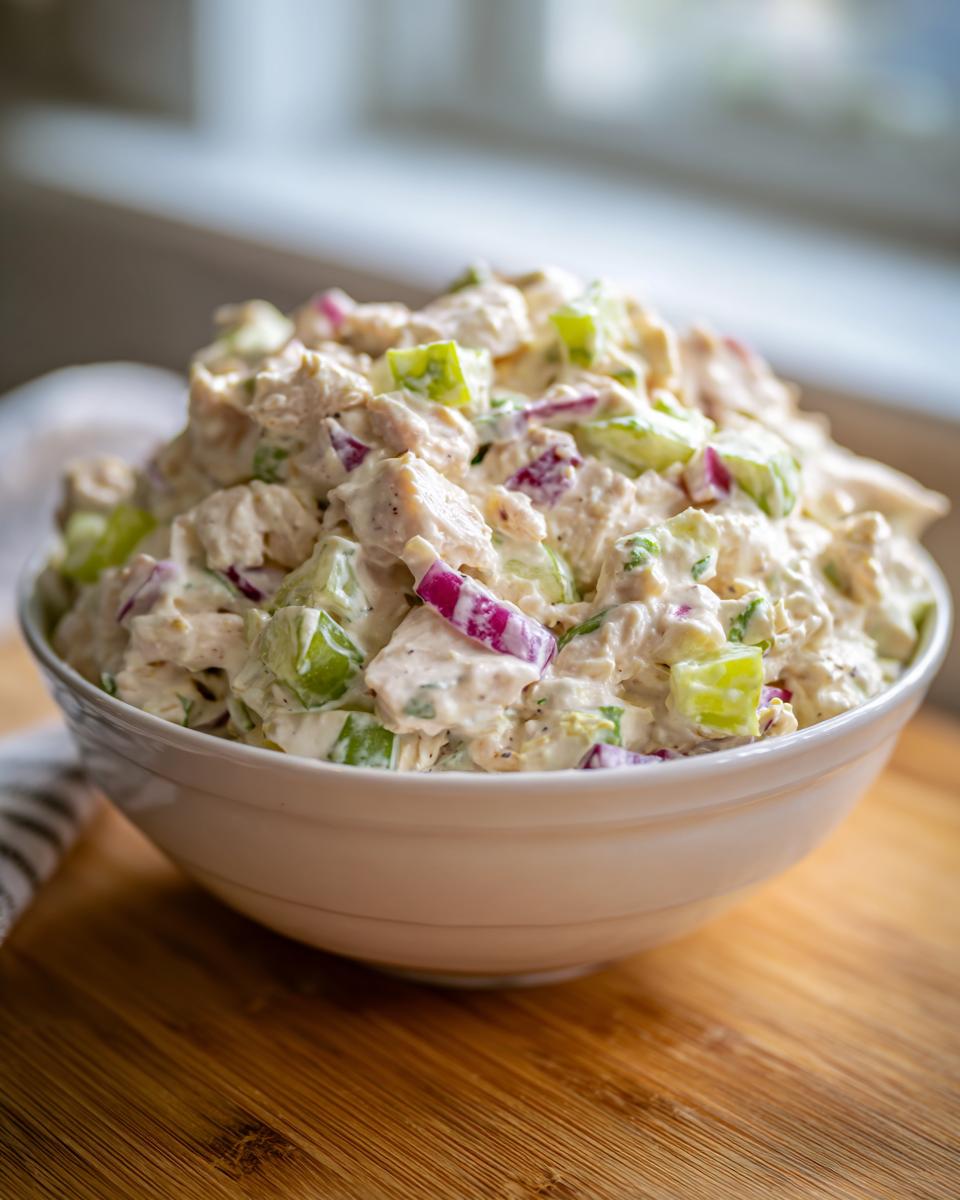 A close-up view of a generous serving of creamy chicken salad mixed with celery and red onion in a white bowl.