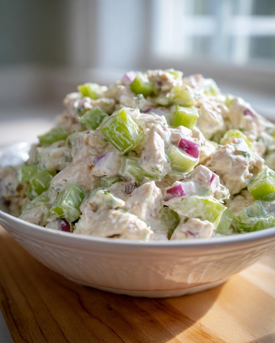 A close-up of creamy chicken salad featuring chunks of white meat chicken, bright green celery, and red onion in a white bowl.