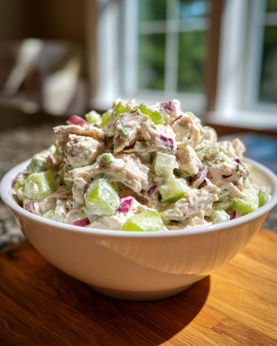 A generous serving of creamy chicken salad mixed with chunks of green celery and red onion in a white bowl.