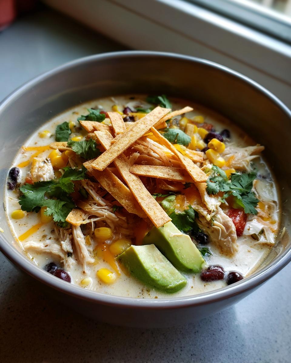 A close-up of creamy chicken tortilla soup topped with shredded chicken, corn, black beans, avocado slices, and crispy tortilla strips.