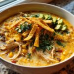 A close-up of creamy chicken tortilla soup topped with shredded cheese, crispy tortilla strips, avocado slices, and cilantro.