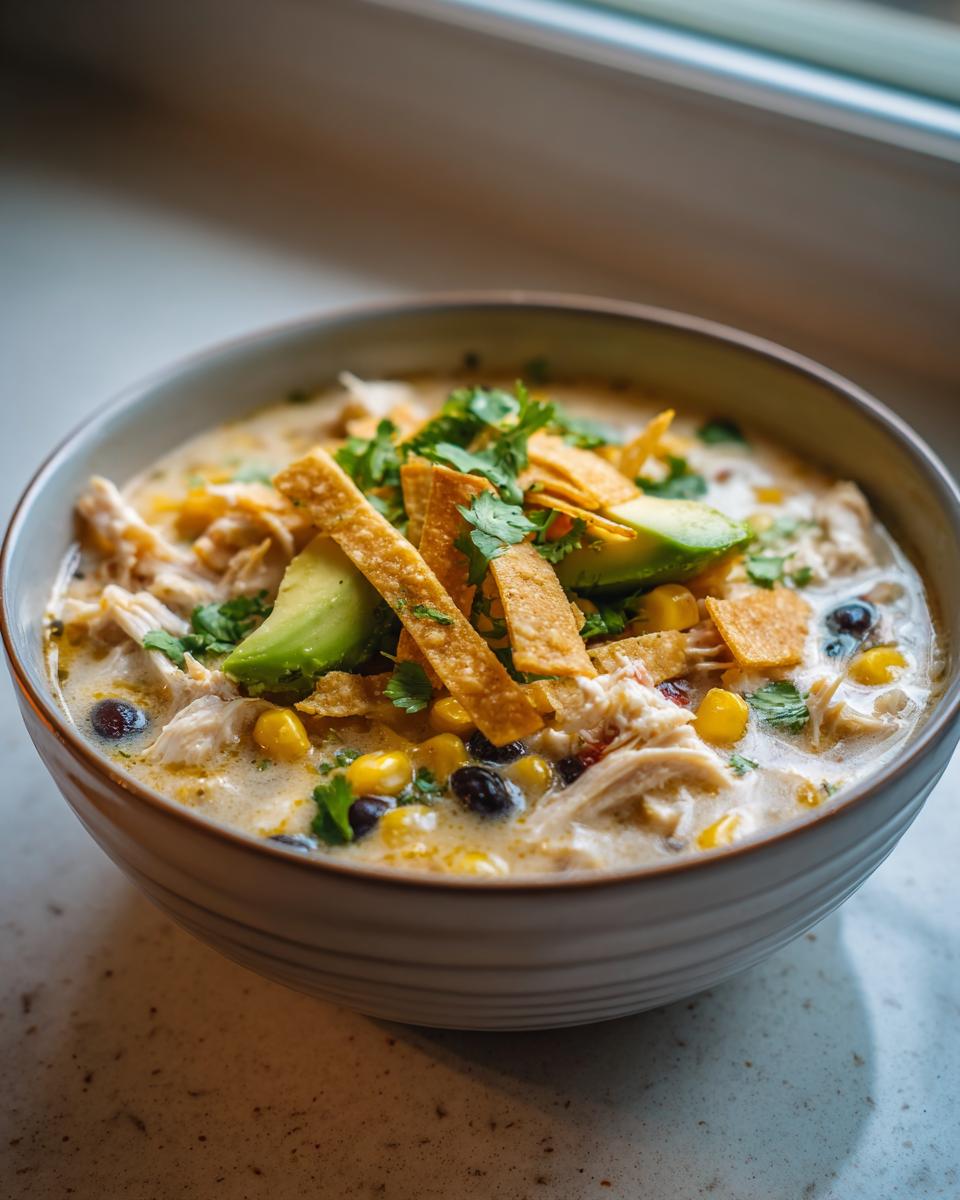 Close-up of a bowl of creamy chicken tortilla soup topped with avocado, tortilla strips, and cilantro.