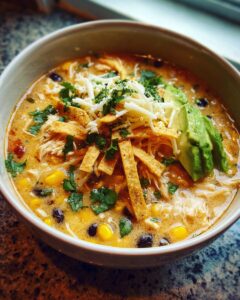 Close-up of a creamy chicken tortilla soup topped with shredded cheese, avocado, and crispy tortilla strips.