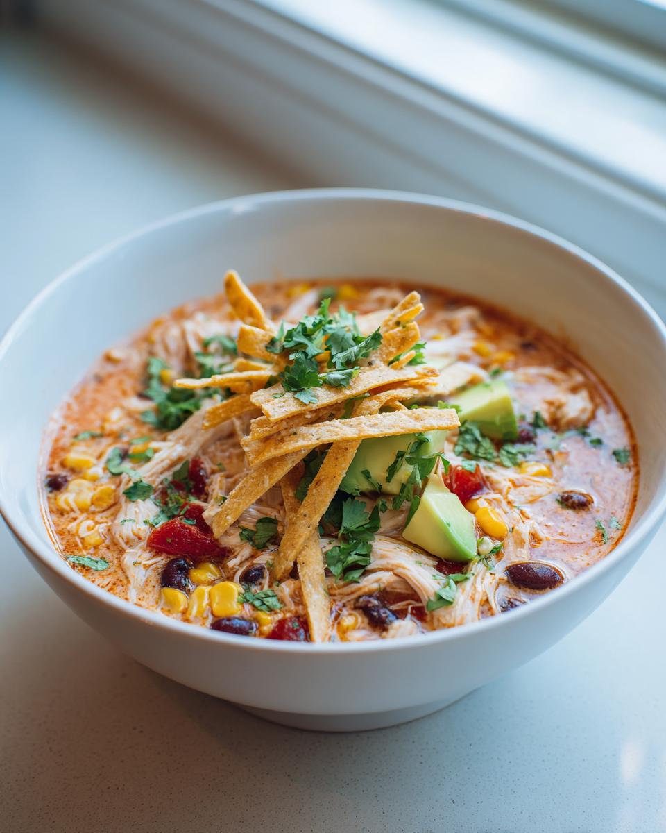 A close-up of creamy chicken tortilla soup in a white bowl, garnished with avocado slices, cilantro, and crispy tortilla strips.
