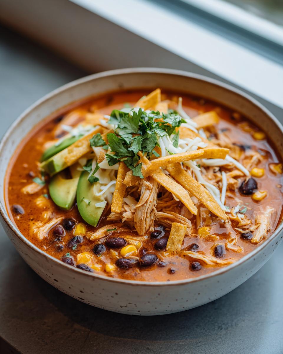 Close-up of a bowl of creamy chicken tortilla soup topped with avocado, shredded cheese, cilantro, and crispy tortilla strips.