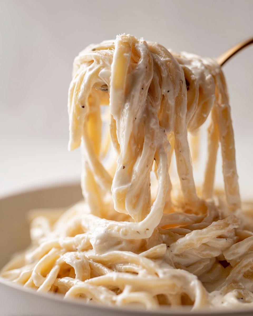 Close-up of fettuccine noodles coated in creamy cottage cheese alfredo pasta sauce being lifted by a fork.