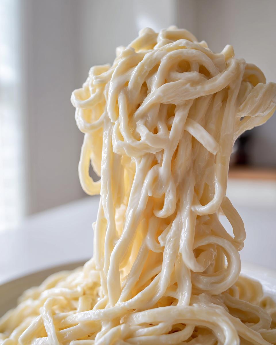 Close-up of thick strands of pasta coated in creamy cottage cheese alfredo pasta sauce being lifted from a bowl.