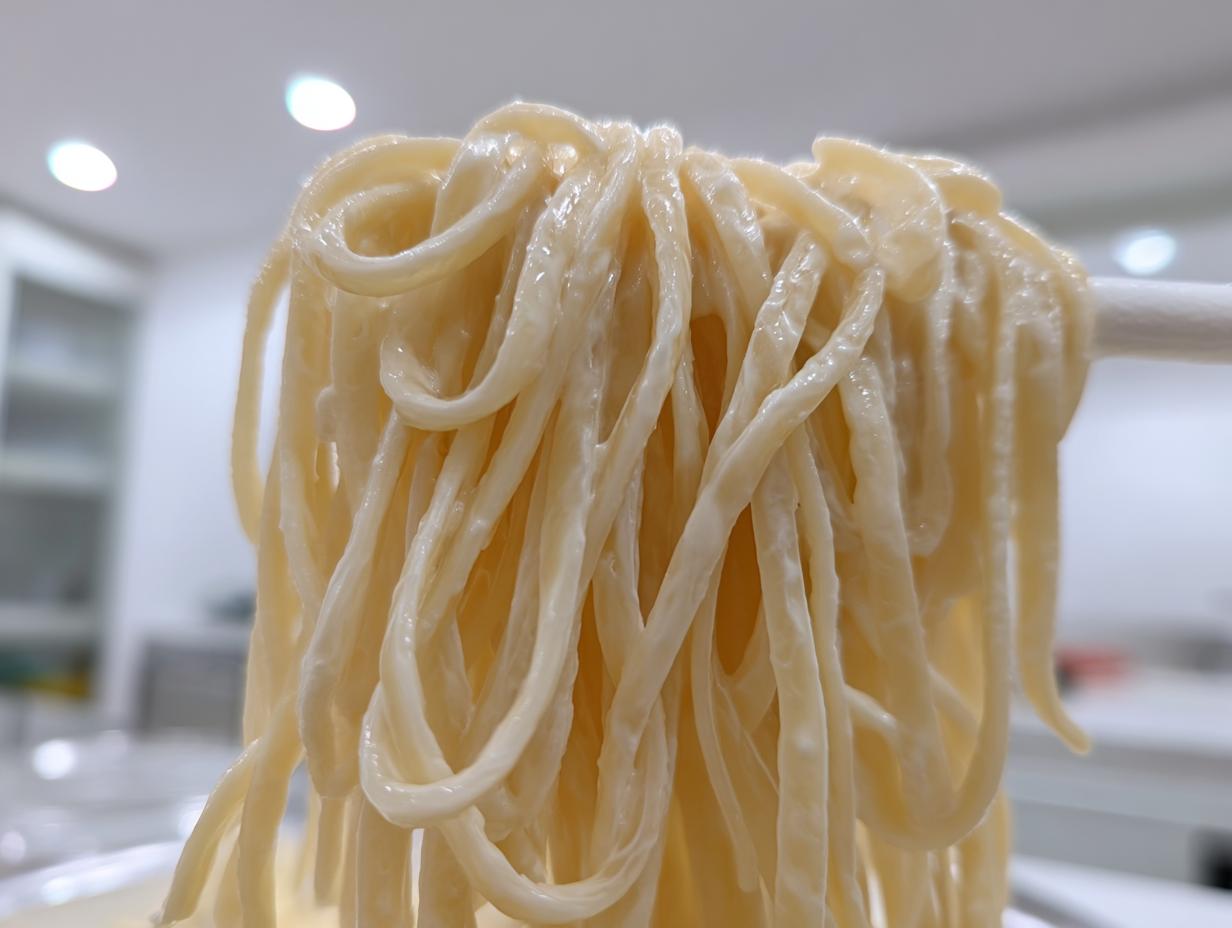 Close-up of thick strands of pasta coated in creamy cottage cheese alfredo pasta sauce being lifted.
