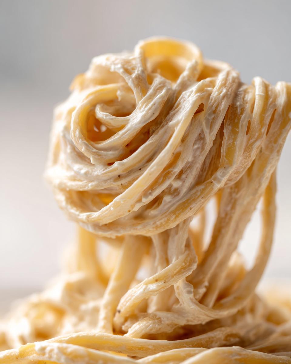 Extreme close-up of fettuccine noodles coated in creamy cottage cheese alfredo pasta sauce, twirled high.