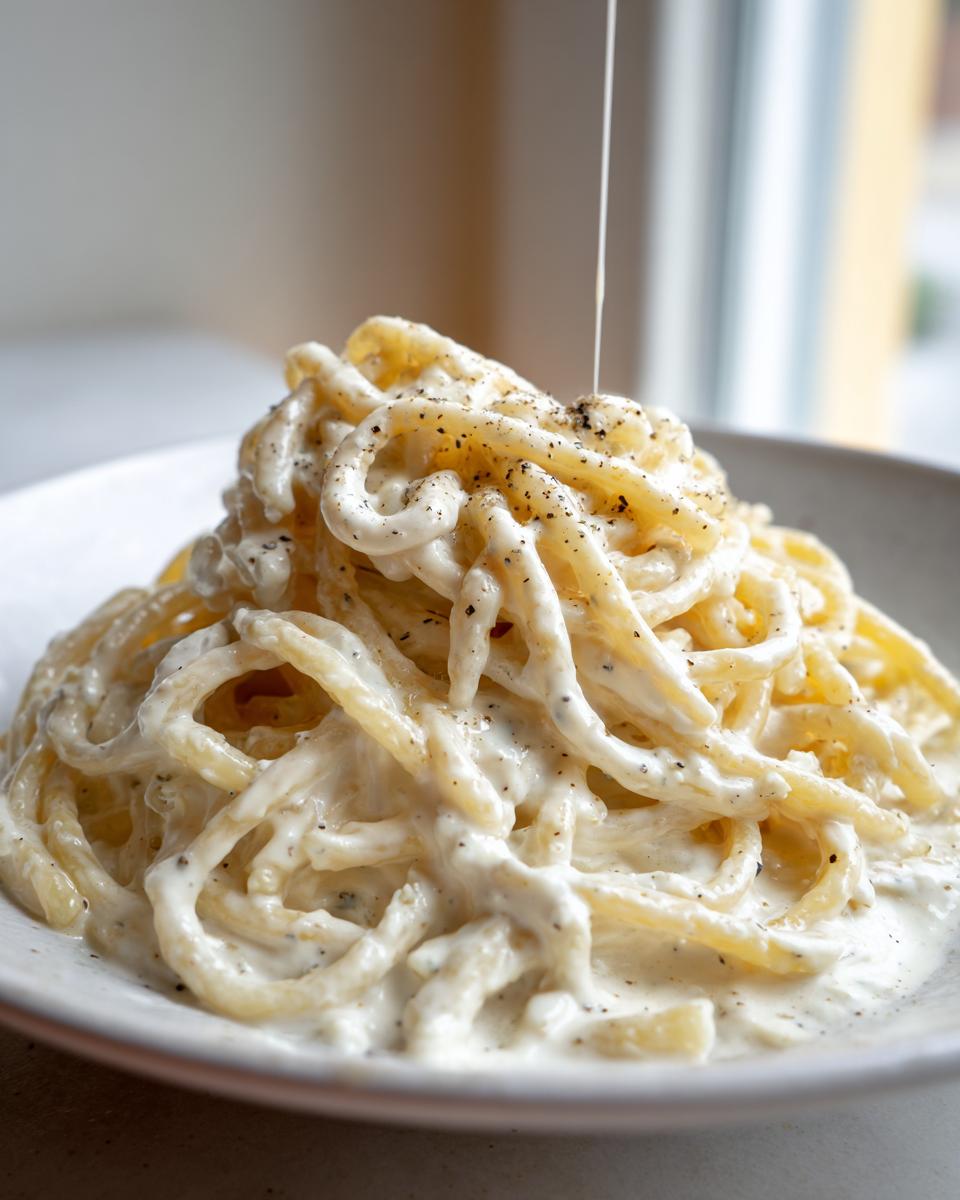 A close-up of creamy cottage cheese pasta tossed in a rich white sauce and heavily seasoned with black pepper.