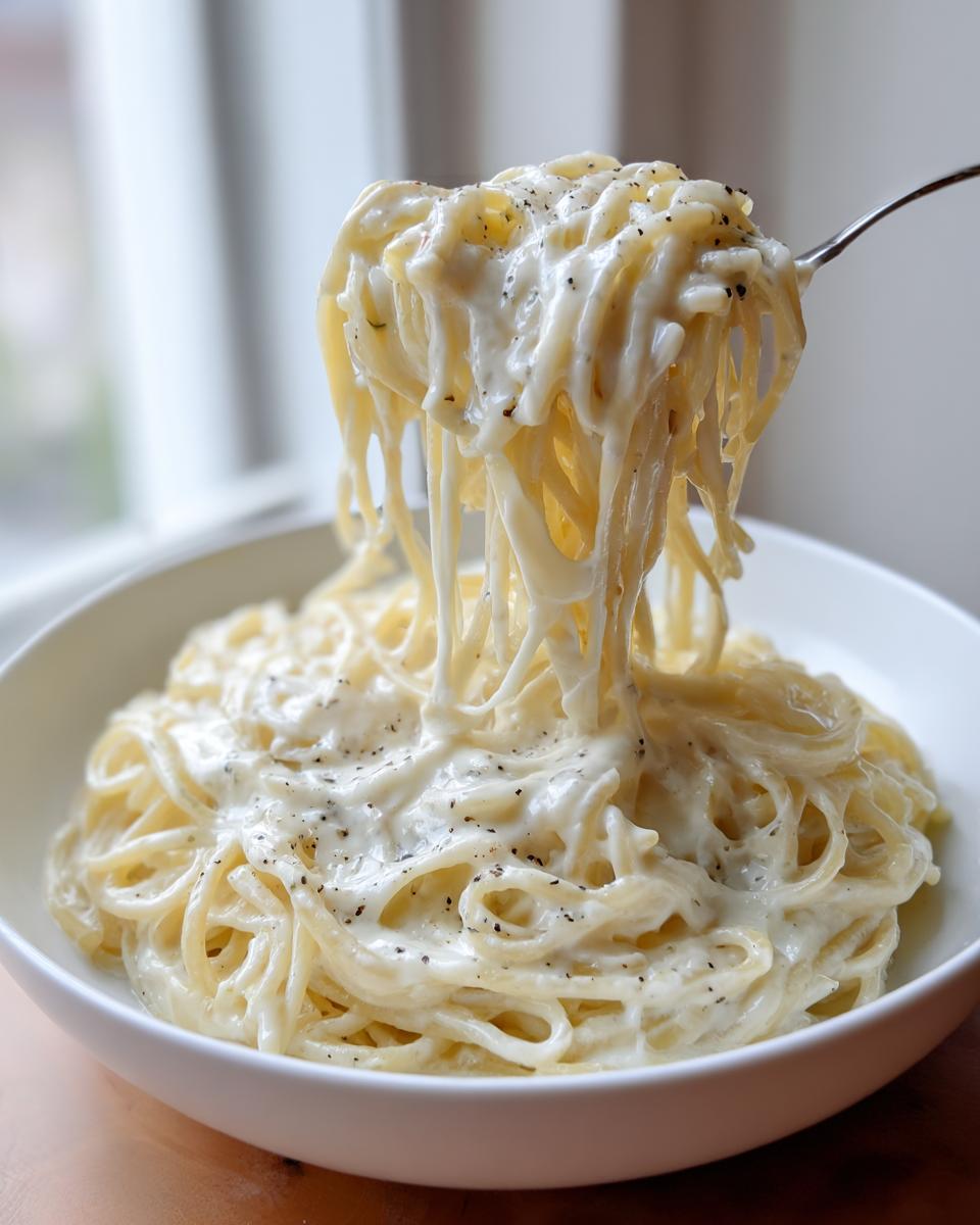 A fork lifts a generous portion of creamy cottage cheese pasta, showing the thick sauce coating the spaghetti strands.