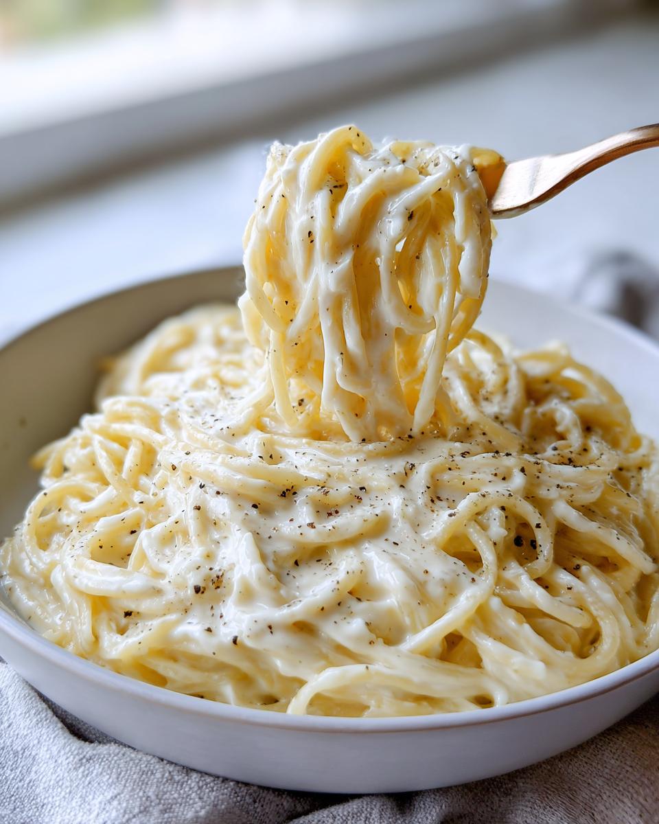 A fork lifting a generous swirl of creamy cottage cheese pasta coated in a rich white sauce and black pepper.