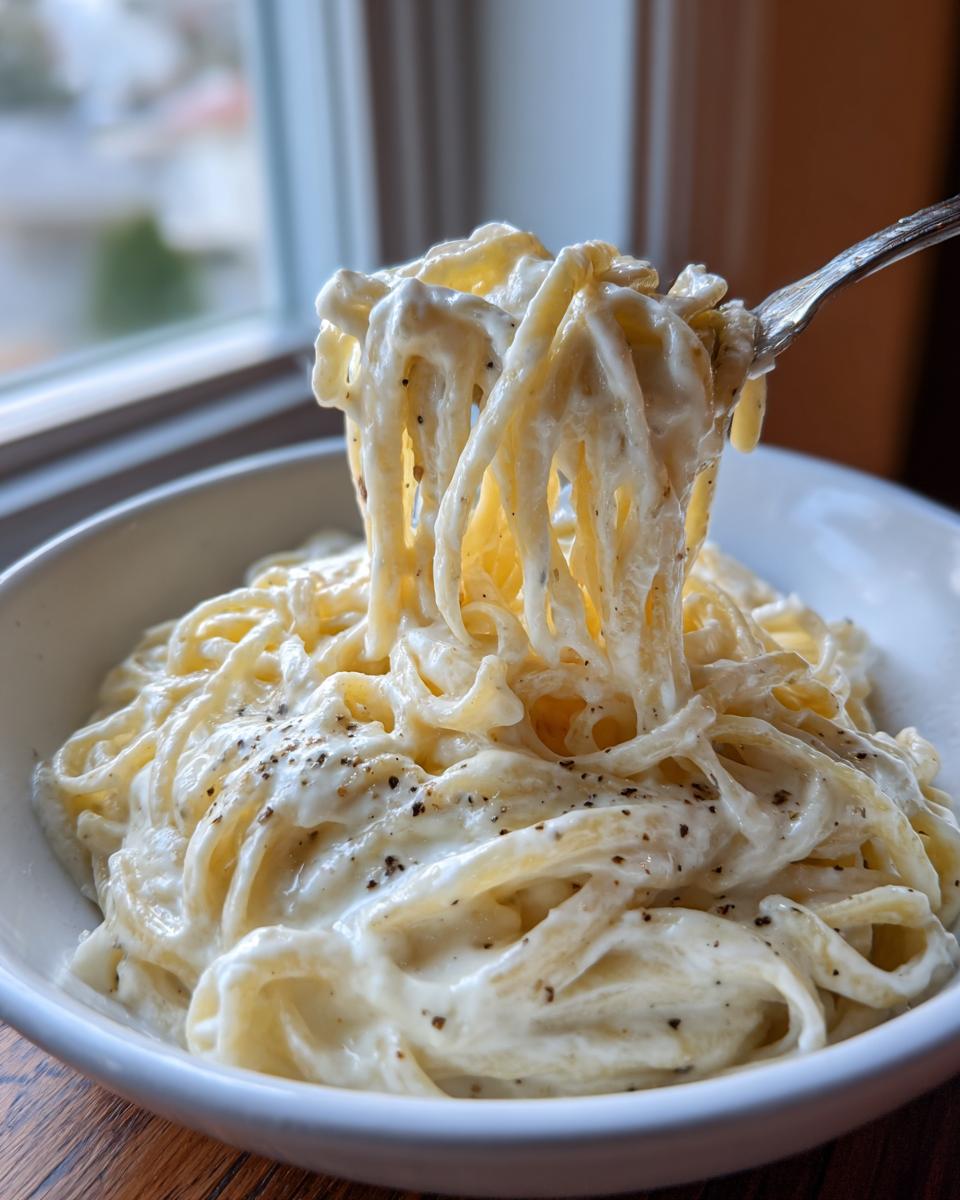 A fork lifting strands of creamy cottage cheese pasta coated in a rich white sauce and sprinkled with black pepper.