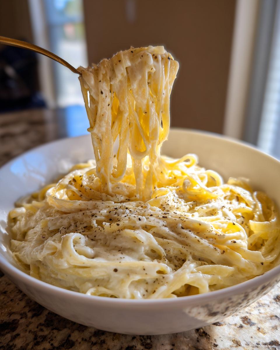 A fork lifting creamy fettuccine pasta coated in white sauce and black pepper from a white bowl.