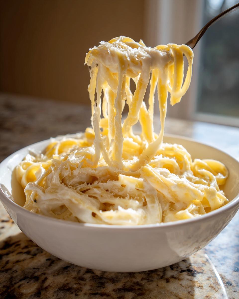 A fork lifting strands of creamy fettuccine pasta coated in white sauce and topped with grated cheese.