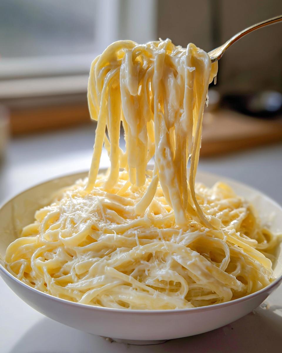 A fork lifts a tangle of creamy fettuccine pasta coated in white sauce from a bowl topped with grated cheese.