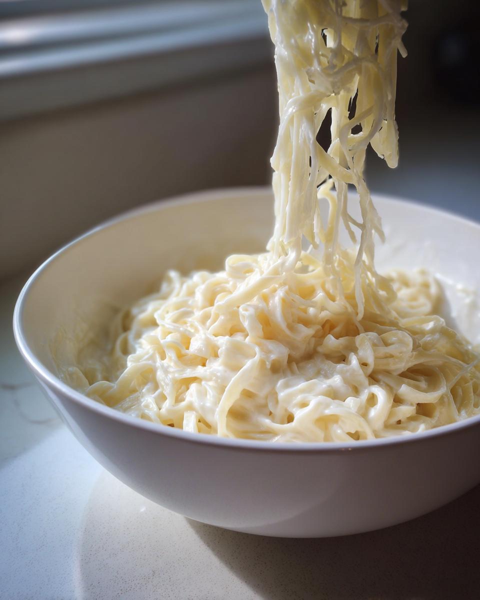 Close-up of creamy fettuccine pasta being lifted high above a white bowl, showcasing the rich sauce coating the noodles.