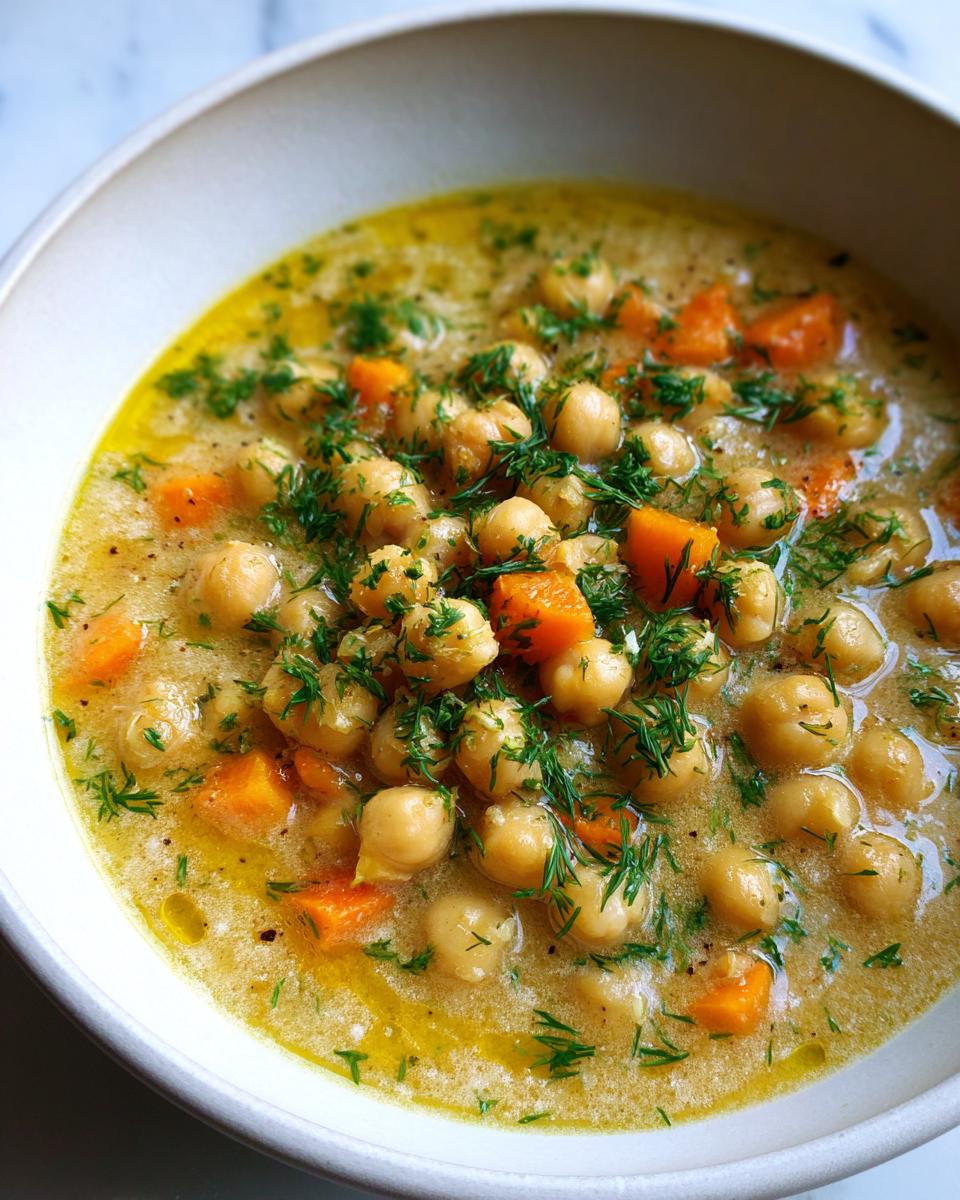 Close-up of a creamy bowl of Greek chickpea soup, featuring whole chickpeas, diced carrots, and fresh dill garnish.