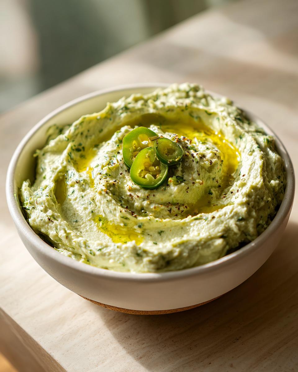 A close-up of a bowl filled with vibrant green creamy jalapeño hummus, drizzled with olive oil and topped with sliced jalapeños.