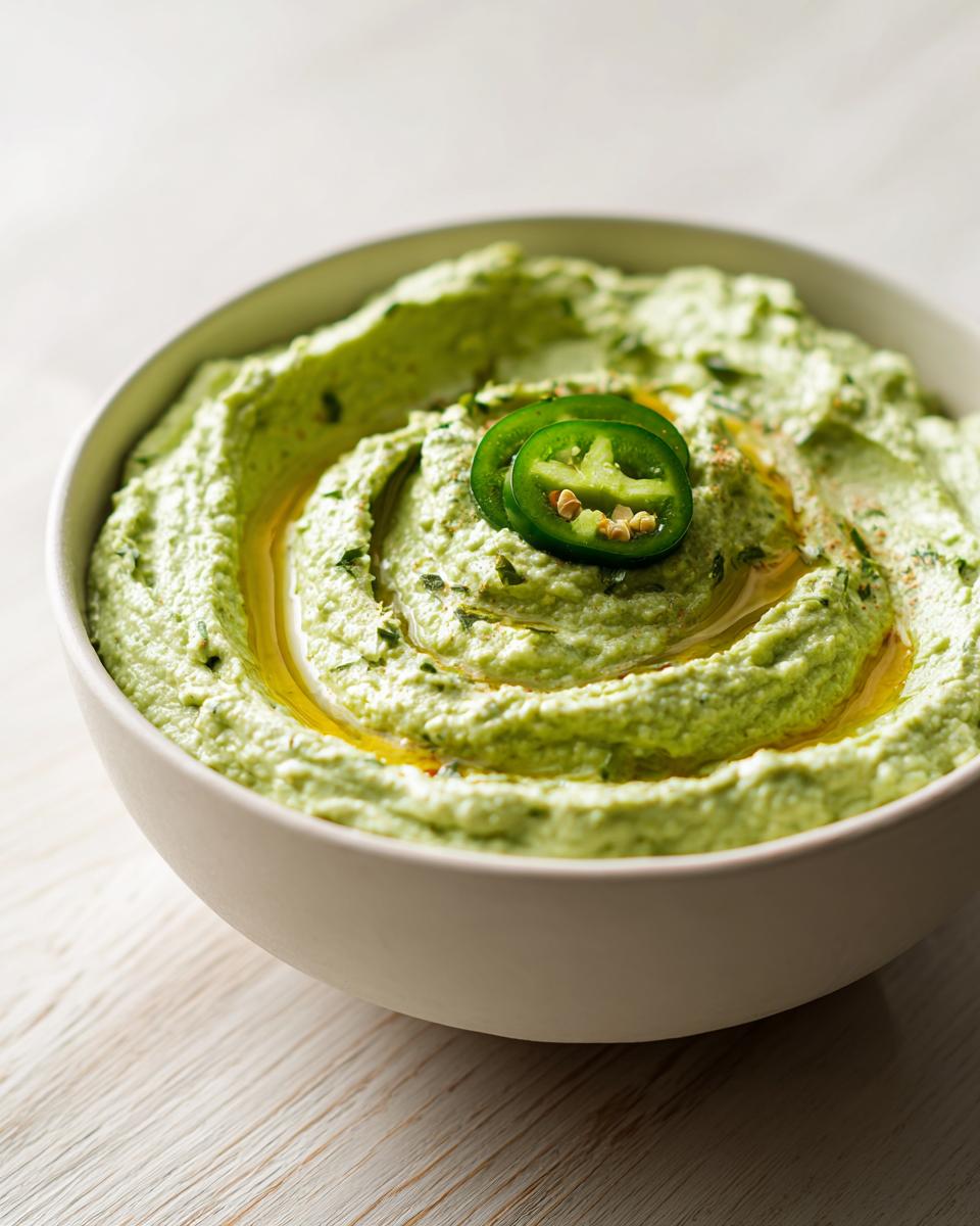 Close-up of vibrant green creamy jalapeño hummus garnished with olive oil and fresh jalapeño slices.