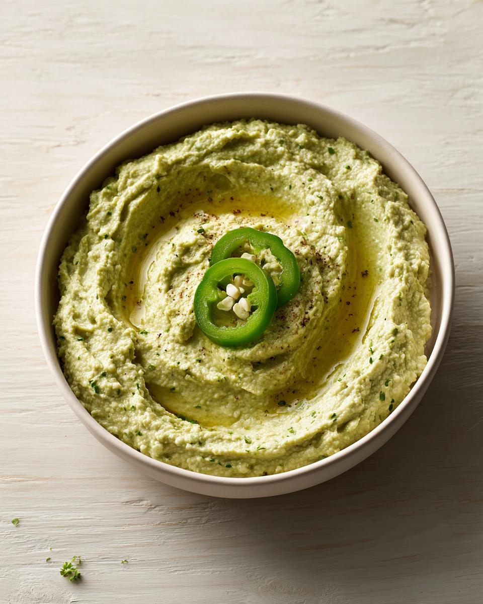Overhead view of a bowl of vibrant green creamy jalapeño hummus, drizzled with olive oil and topped with fresh jalapeño slices.