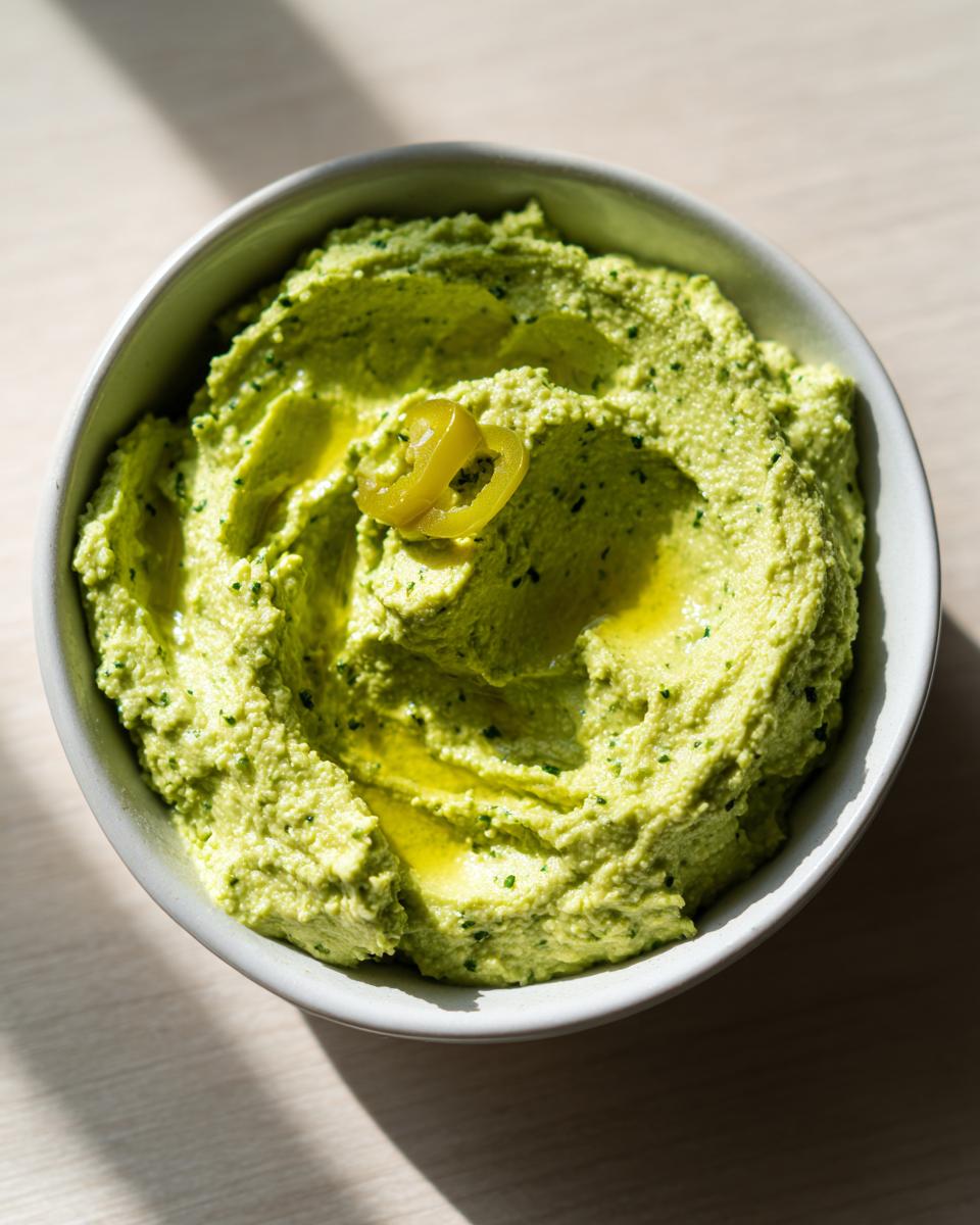 A close-up overhead shot of bright green creamy jalapeño hummus topped with olive oil and a slice of pickled jalapeño.