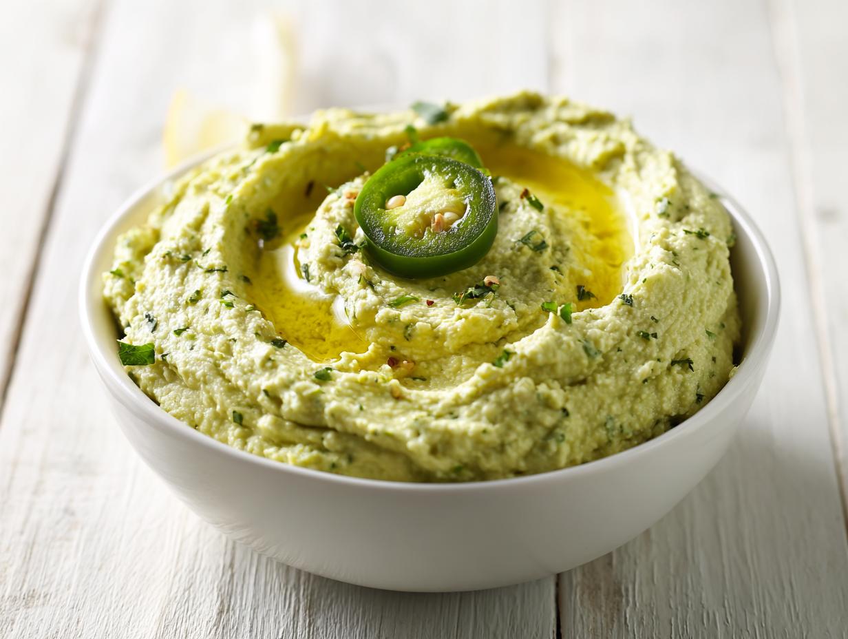 A bowl of vibrant, pale green creamy jalapeño hummus topped with olive oil and a slice of fresh jalapeño.