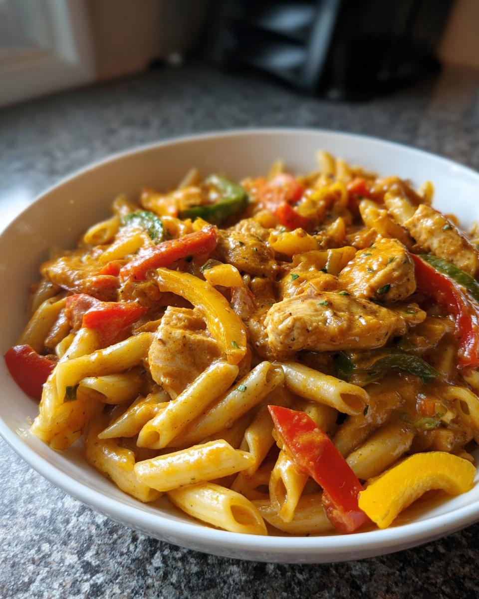 Close-up of a bowl filled with creamy Jamaican Rasta Pasta featuring penne, chicken pieces, and colorful bell peppers.
