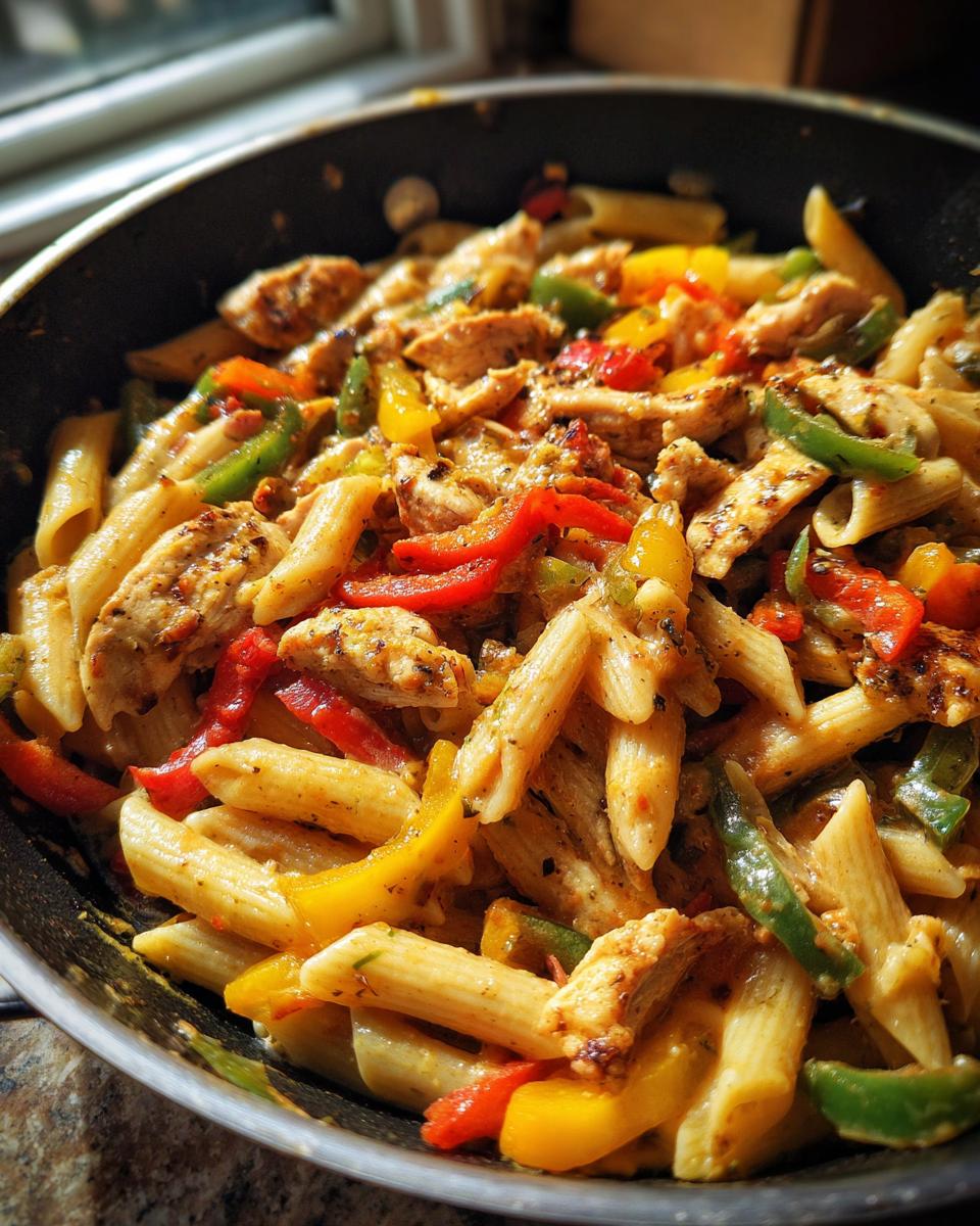 Close-up view of creamy Jamaican Rasta Pasta mixed with sliced chicken and colorful bell peppers in a black skillet.