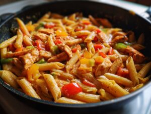 A close-up shot of creamy Jamaican Rasta Pasta featuring penne, chicken pieces, and colorful bell peppers in a dark skillet.