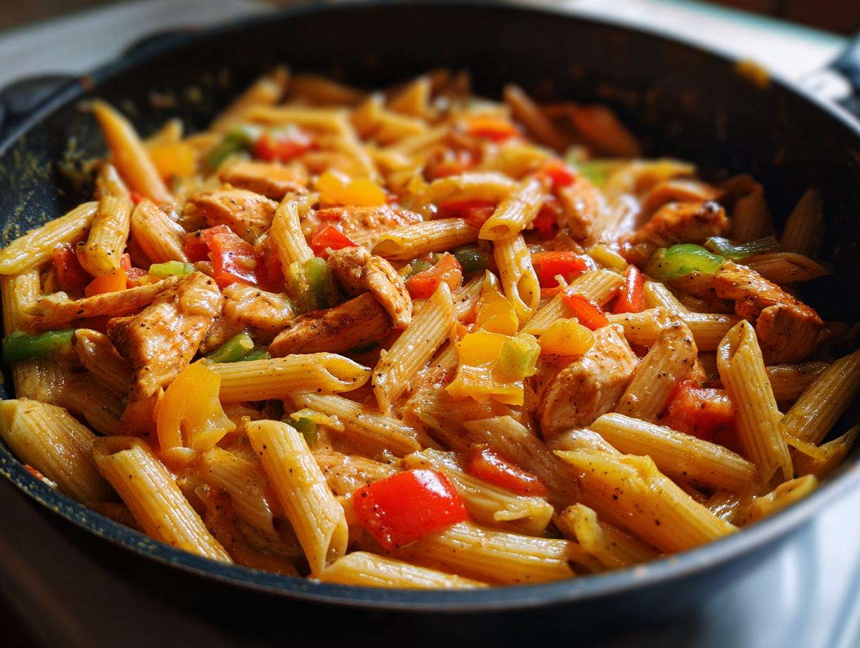A close-up shot of creamy Jamaican Rasta Pasta featuring penne, chicken pieces, and colorful bell peppers in a dark skillet.