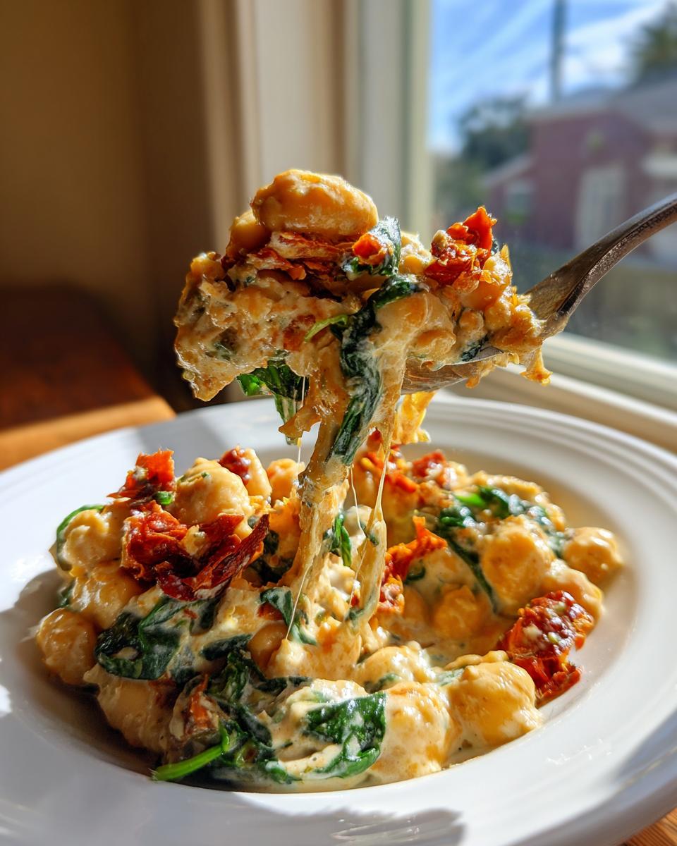 A fork lifts a creamy, cheesy bite of marry me chickpeas mixed with spinach and sun-dried tomatoes from a white bowl.