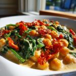 Close-up of a bowl of creamy marry me chickpeas mixed with wilted spinach and topped with sun-dried tomatoes.