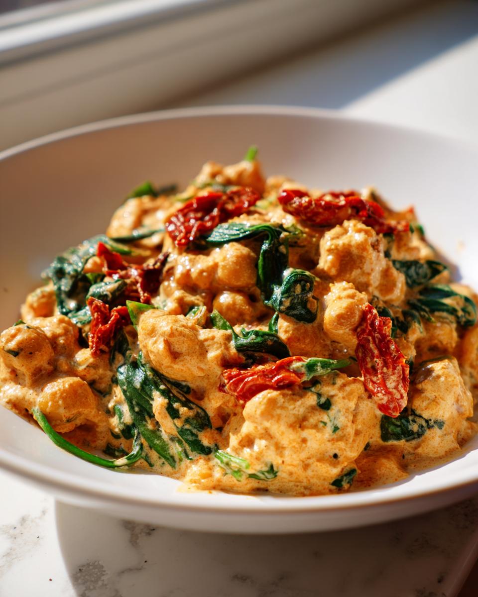 Close-up of creamy marry me chickpeas mixed with wilted spinach and bright red sun-dried tomatoes in a white bowl.