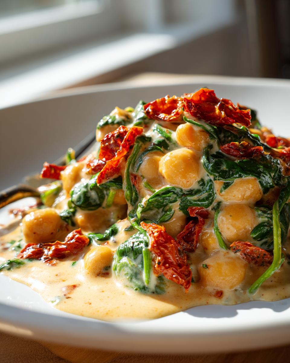 Close-up of creamy marry me chickpeas mixed with wilted spinach and sun-dried tomatoes served in a white bowl.
