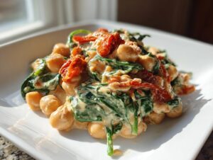 Close-up of creamy marry me chickpeas mixed with wilted spinach and vibrant sun-dried tomatoes served on a white square plate.