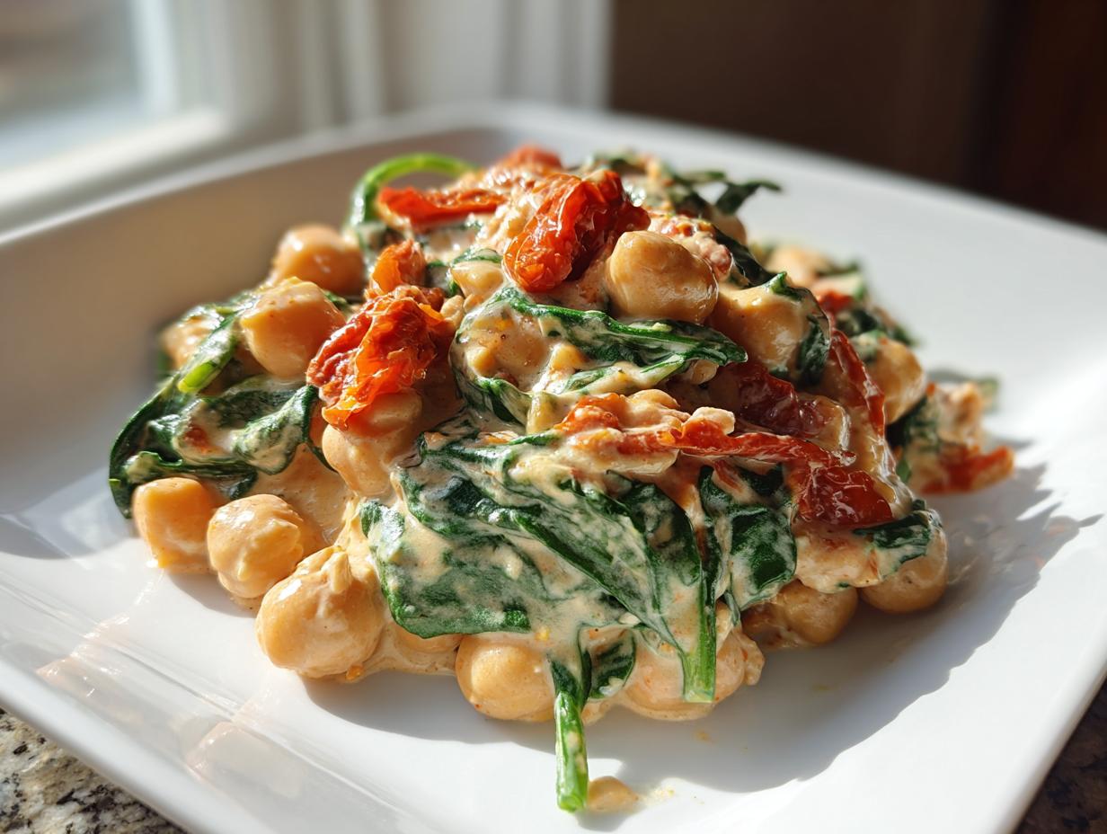 Close-up of creamy marry me chickpeas mixed with wilted spinach and vibrant sun-dried tomatoes served on a white square plate.