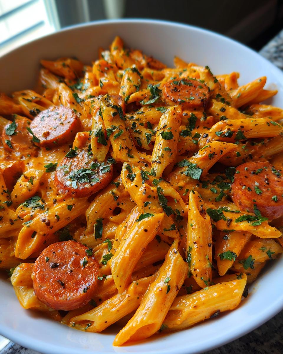 Close-up of creamy orange sauce sausage pasta (penne) topped with sliced sausage and fresh parsley.