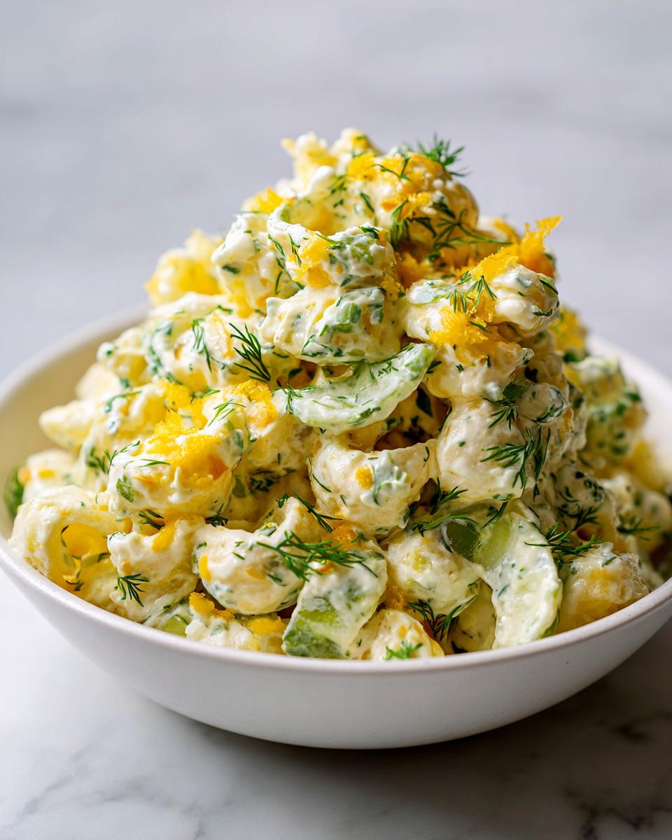 A generous serving of creamy pickle pasta salad topped with fresh dill and crumbled egg yolk.