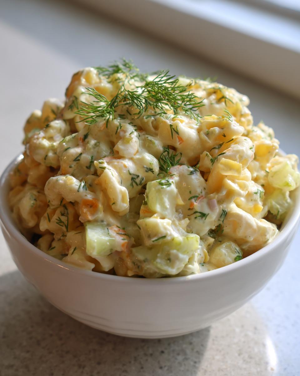 A close-up of creamy pickle pasta salad topped with fresh dill, served in a white bowl.