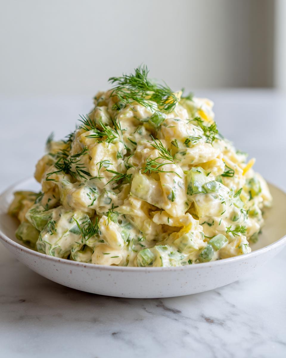 A generous serving of creamy pickle pasta salad, featuring chunks of potato and pickle, topped with fresh dill.