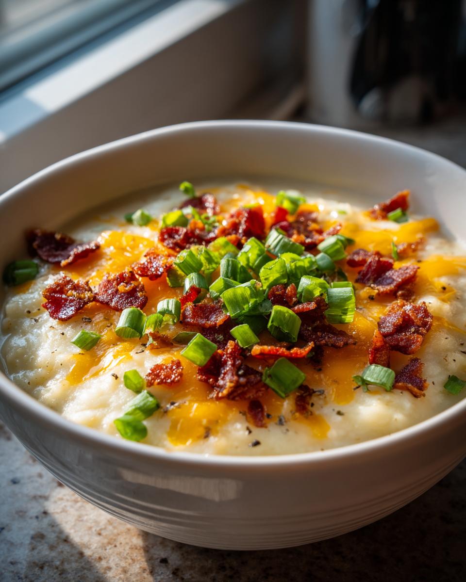 Close-up of a creamy bowl of potato soup recipe topped with melted cheddar cheese, bacon bits, and fresh green onions.