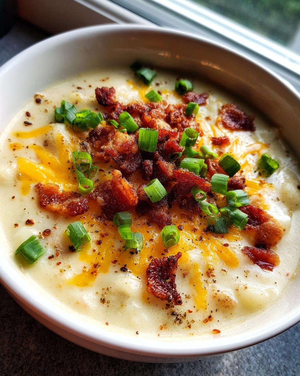 Close-up of a bowl of creamy potato soup recipe topped generously with bacon bits, shredded cheddar cheese, and chopped green onions.